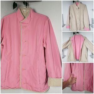 Tan Pink REVERSIBLE Quilted Pockets Mandarin Collar sz Large